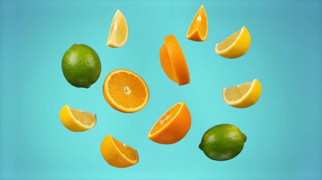 Slices of juicy oranges, lemon wedges, and whole green limes levitating in front of a bright turquoise backdrop. This refreshing citrus animation is perfect for summer lemonade and cocktail branding.