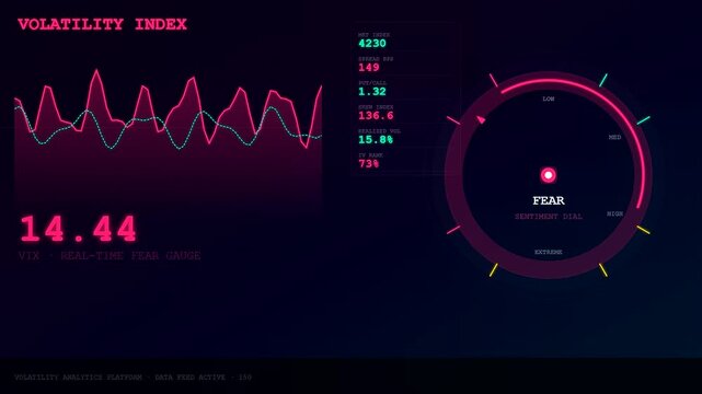 A digital market volatility index dashboard displays complex stock fluctuations and financial fear gauges within a glowing interface featuring shifting data lines and vibrant neon indicators