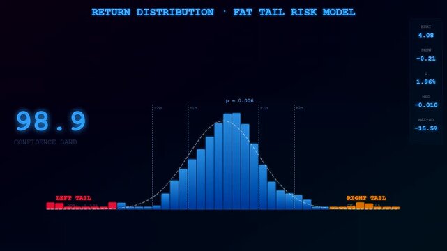 A market volatility index displayed as a glowing blue digital data visualization showing statistical distribution curves with peak values across three separate computer screen frames