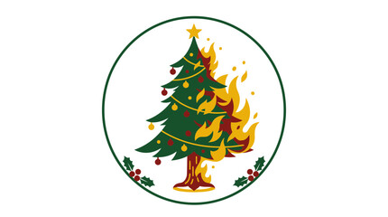 Obraz premium Burning Christmas tree framed in a green circular border.