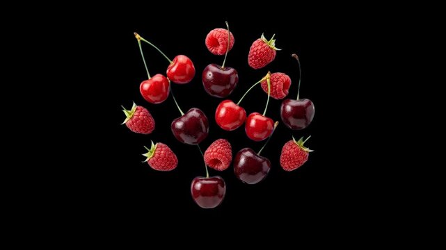 A mouth-watering 3D fruit animation showing dark red sweet cherries with stems and ripe pink raspberries falling against a stark black backdrop. This high-contrast food loop is perfect for organic ber