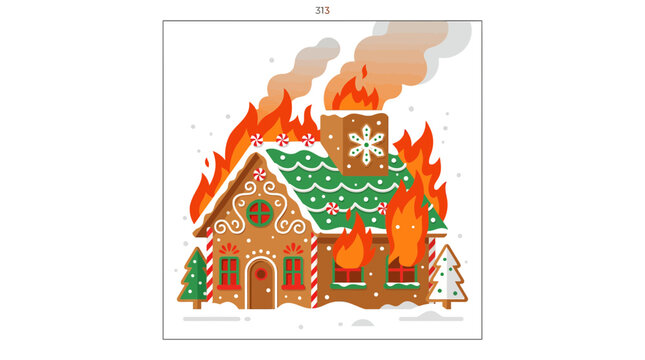 Burning gingerbread house illustration with dramatic flames and smoke.
