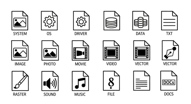 File type icons, computer file symbols, 20 document and media icons, vector graphics
