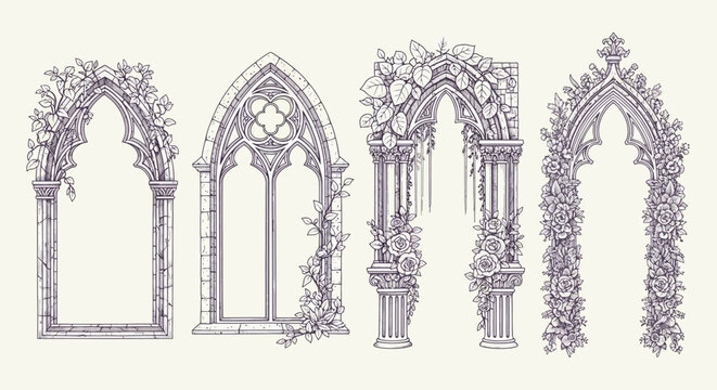 Gothic Arches, Ornate Window Frames, Architectural Elements, Vector Illustration, Purple Line Drawings