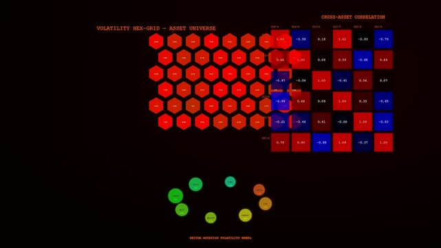 A digital market volatility index display showing red hexagons and a correlation matrix grid changing shapes in a dark environment with green circles appearing below