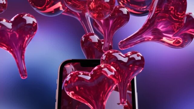 Abstract ruby red liquid hearts flowing out of a digital smartphone, vibrant motion and digital art