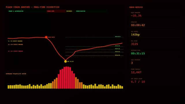 Displaying a market volatility index with complex statistical data charts showing a rapid downward crash trend on a dark computer interface with glowing digital numbers