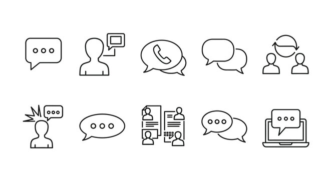 Chat, communication, conversation icons, 12 outline style speech bubbles, people symbols, vector set