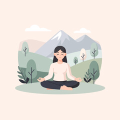 Obraz premium A person meditating in nature, surrounded by trees and mountains in the distance