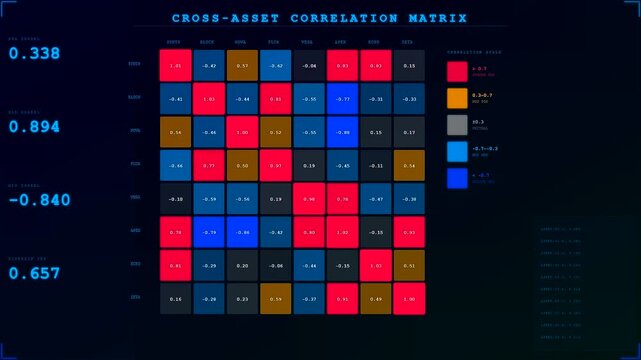 Displaying a complex market volatility index as numerical values and colored grid blocks fluctuate across multiple digital screens in a dark room environment during financial analysis