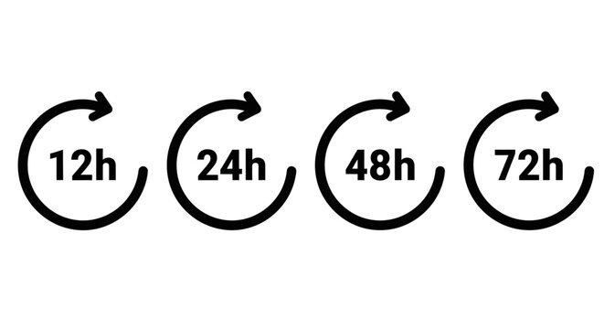 Time cycle icons, 4 circular arrow symbols, 12h 24h 48h 72h hours, vector graphics