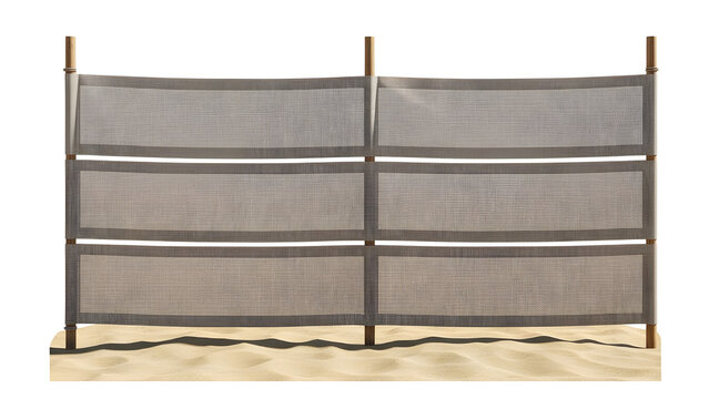 Minimalist beach windbreak on sand, grey fabric privacy screen with wooden poles, portable coastal sunshade fence for summer vacation