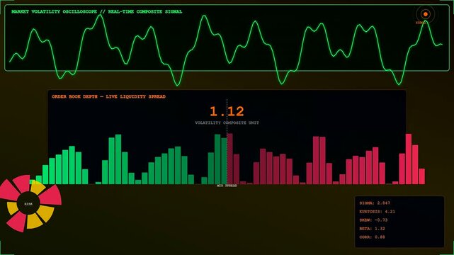 A digital market volatility index display showing changing numerical data points within a flickering electronic interface with oscillating green line graphs and colorful bar charts