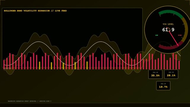 a shifting market volatility index display screen showing live financial data charts with changing numbers and gauge indicators measuring stock exchange risk levels during trading