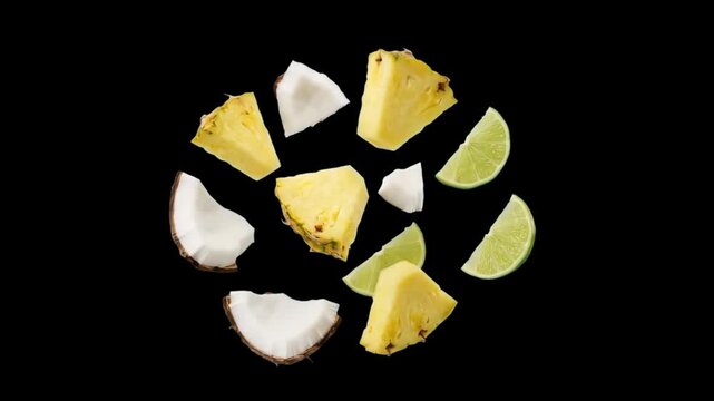 A dynamic 3D rendering of freshly cut orange and lime slices floating and falling through mid-air against a solid black backdrop. Perfect for dramatic food transitions, cocktail menus, and fresh juice