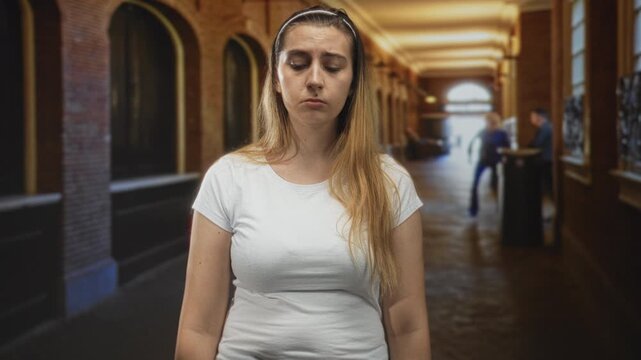 Woman with closed eyes and pouting lips wearing a white tshirt standing in a building corridor looking dejected; sadness resignation.