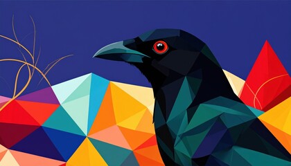Obraz premium Geometric raven portrait, vibrant background with triangular shapes, stylized design