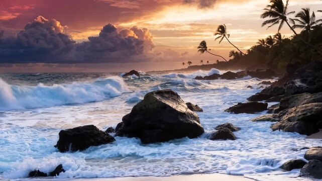 Dramatic sunset over tropical coastline with powerful ocean waves crashing against dark, jagged rocks and palm trees