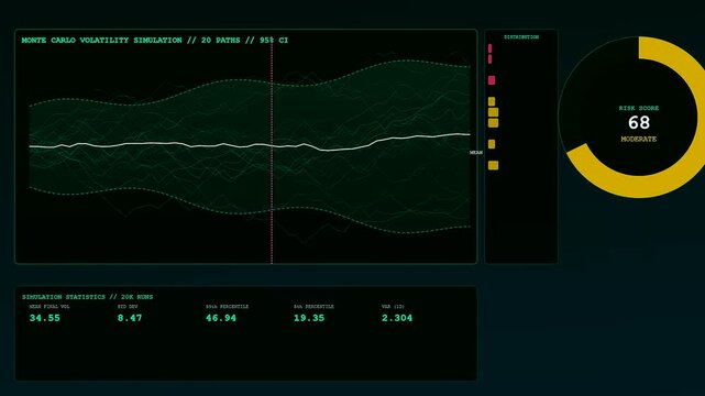 a green market volatility index display reveals fluctuating financial trends on a dark computer monitor screen showing three variations of stock price simulation charts