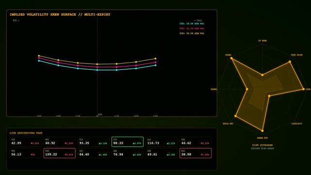 a dynamic market volatility index visualizes financial trends across multiple panels with glowing lines and octagonal charts representing complex trading data streams in a dark environment