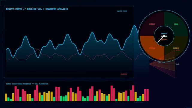A digital market volatility index dashboard interface displays fluctuating line graphs and color coded circular gauges showing real time economic data patterns and financial analytics updates