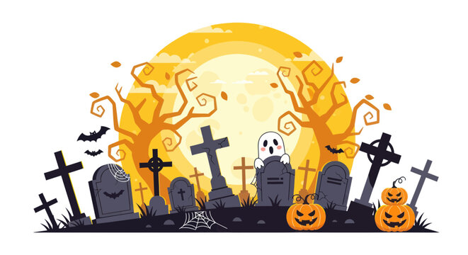 Halloween pumpkins and spooky graveyard scene.