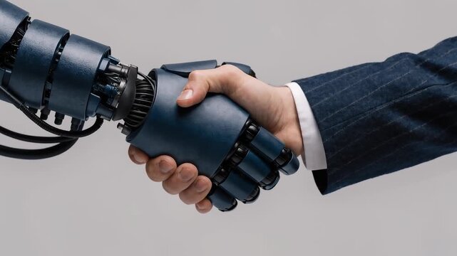 Robotic Hand Shakes Human Hand, Symbolizing Future Technology and Partnership