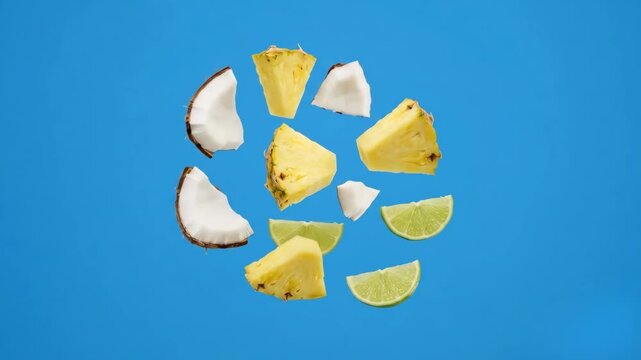 A tropical 3D animation of juicy pineapple chunks, fresh coconut pieces, and green lime slices falling against a bright blue background. This refreshing fruit loop is excellently suited for cocktail r