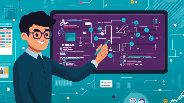 Young male scientist analyzing complex digital data on large screen