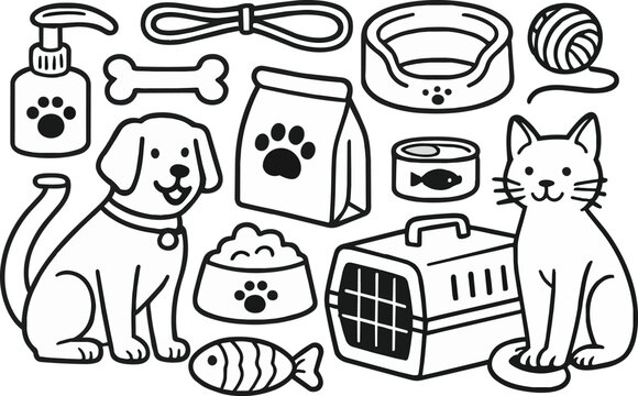 Pet Care Vector Set with Dog Cat Food Accessories Grooming Supplies and Animal Care Essentials Illutration