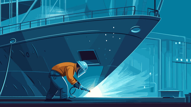 A worker in safety gear welding on a ship?s hull at night