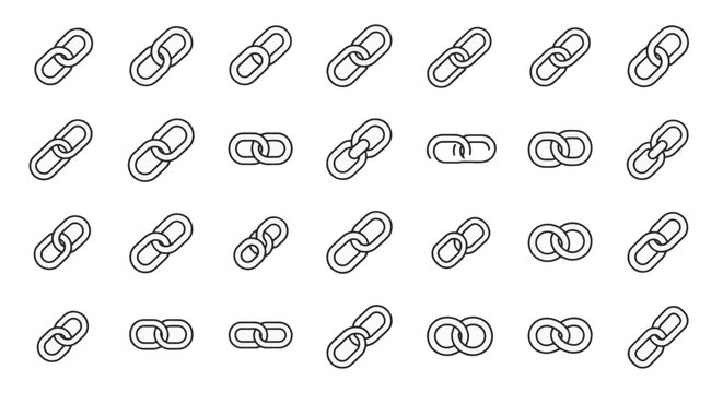 Minimalist vector icon set featuring various outline link and chain symbols on a white background. Includes diverse interlocking ring designs for UI design, networking, and connectivity.