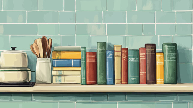 Illustration of a kitchen shelf with books, kitchen tools, and a toaster