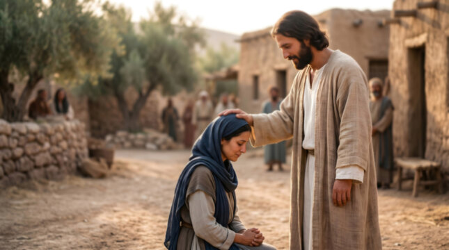 Healing, Gospel, Jesus Christ Blesses and Heals a Woman, Gospel Preaching, For Christian Religious Church Publications forgiveness 