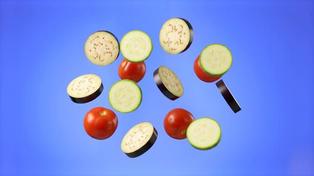 Fresh slices of raw zucchini, eggplant, and whole cherry tomatoes floating in mid-air. This clean animation features a bright blue background, designed for versatile commercial food and cooking promos