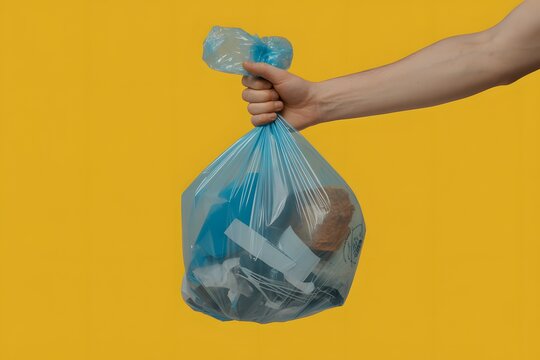 Hand holding a blue plastic bag full of trash for recycling on yellow background