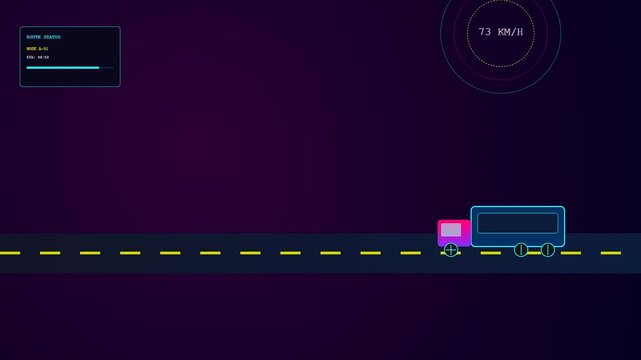 Logistics flow visualization presented with neon cargo trucks moving along a digital highway in a sleek cybernetic interface showing real time vehicle speed and status