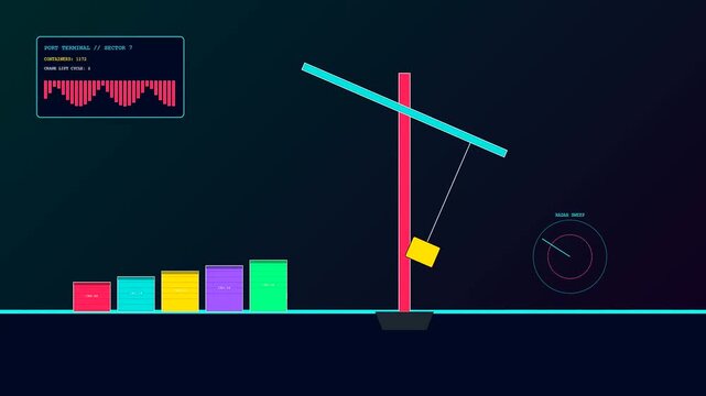 A logistics flow visualization demonstrates a digital crane lifting square containers while radar displays monitor the automated loading process across three sequential panels of dark movement