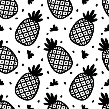 Minimalist black and white seamless pattern with pineapples and decorative dots. Raster illustration for summer packaging and tropical branding.
