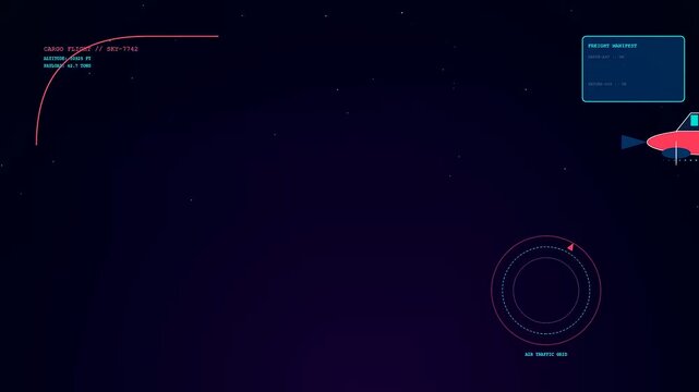 Logistics flow visualization displayed on a digital interface showing animated crimson airships traversing a dark stellar void while tracking data points during deep space travel