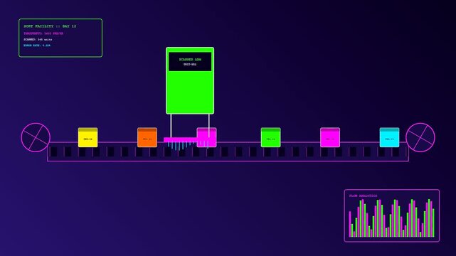 A detailed logistics flow visualization shows automated mechanical arms sorting colorful square packages moving along a motorized conveyor belt within a dark digital tracking interface