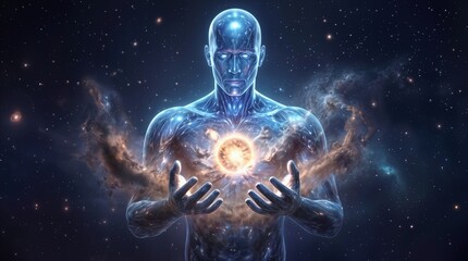 Obraz premium Cosmic entity holding glowing energy sphere in deep space. Ethereal humanoid figure with translucent skin surrounded by nebulae and stars.