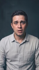 Obraz premium Tearful young adult expressing deep sadness and vulnerability. Man with tears on his face looking at camera in studio setting.