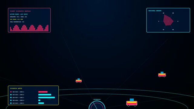 a logistics flow visualization appears within a digital interface displaying moving transport units across multiple screens showing network monitoring patterns and various data metrics for operations
