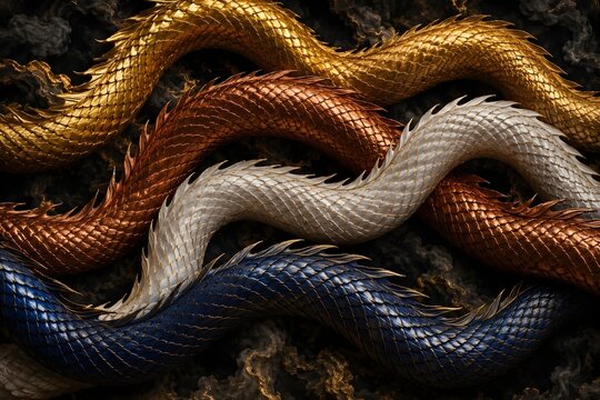 Detailed metallic dragon scales intertwining.