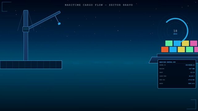 A digital maritime logistics flow visualization showing automated cargo container loading operations with glowing interface elements and schematic crane movements in a dark navy blue environment