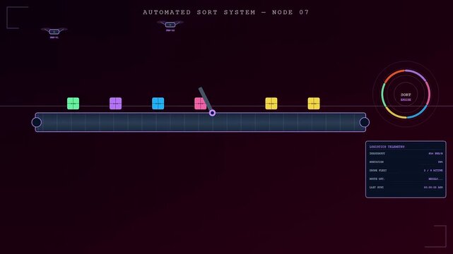 a colorful logistics flow visualization appears on a dark digital interface showing small glowing blocks moving along a mechanical path with multiple screen updates shown