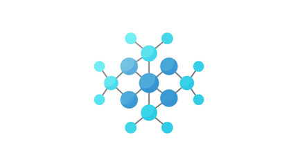 Fototapeta premium Molecular structure graphic with blue and cyan atoms and bonds on a white background, depicted in a flat, scientific illustration style with a calming mood.