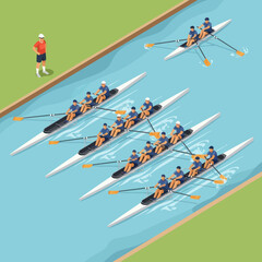 Rowing team on a lake racing. © Ragil