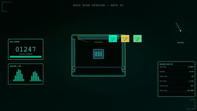 A logistics flow visualization appears on a digital screen displaying live parcel tracking numbers and scanning verification ticks during an automated warehouse operations monitor process